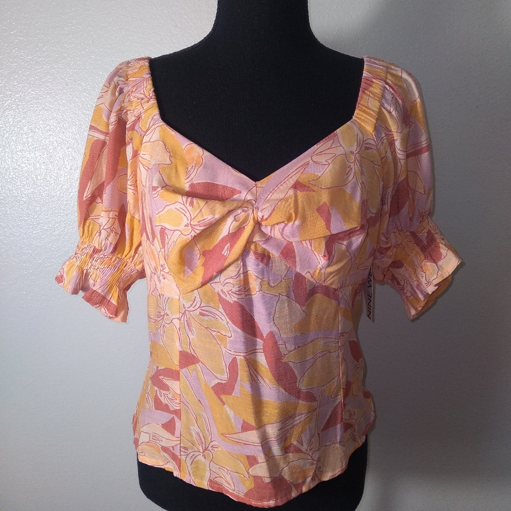 Nine West Wome's Twist Front Floral Puff Sleeve Top- Size Large - Picture 3 of 12